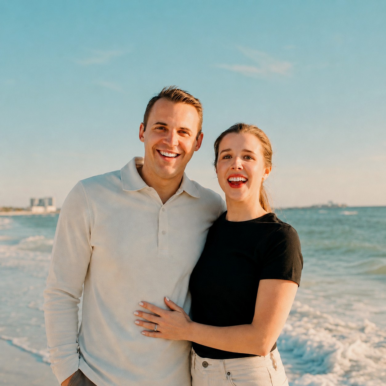 Suzie and James Marais on a sunlit beach